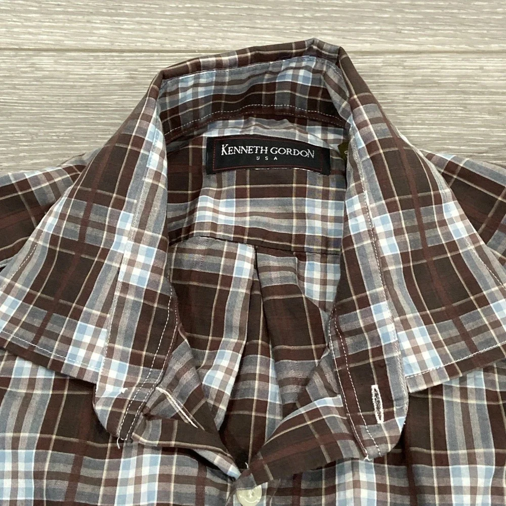 Vintage Kenneth Gordon Plaid‎ Button Down Shirt Men Size M Brown Blue USA Made
